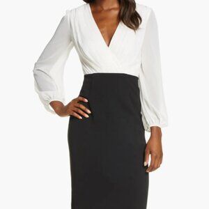 Harper Rose womens 4 Black White Wrap Bodice Long Sleeve Midi Work Dress NEW